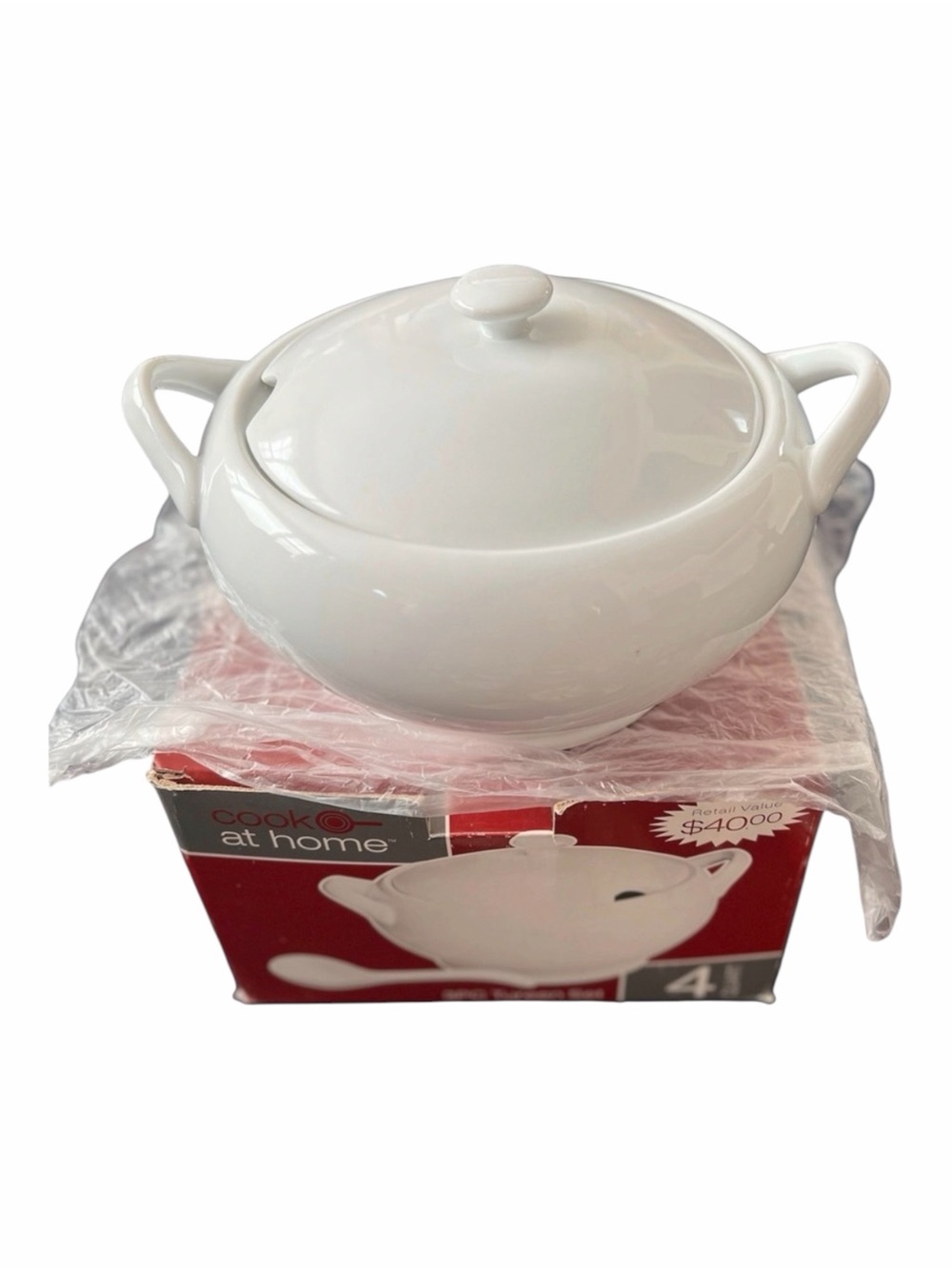 White Covered Porcelain Soup Tureen with Lid and 2 Handles 4 QT 2PC